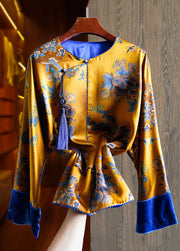 Art Yellow Tasseled Print Patchwork Silk Shirts Fall