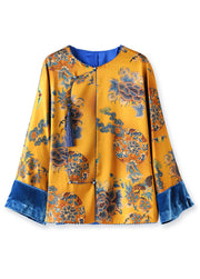 Art Yellow Tasseled Print Patchwork Silk Shirts Fall