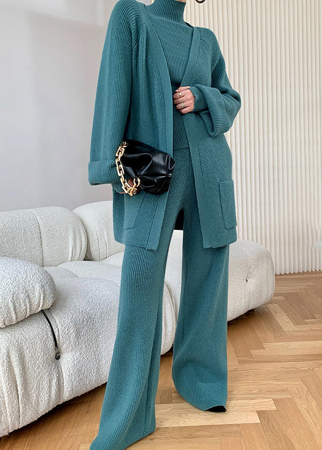 Autumn New Peacock Blue Knitted Wide Leg Pants Sweater And Cardigan 3 Piece Set