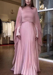 Autumn New Pink Pleated Long Sleeved Dress Shawl Set