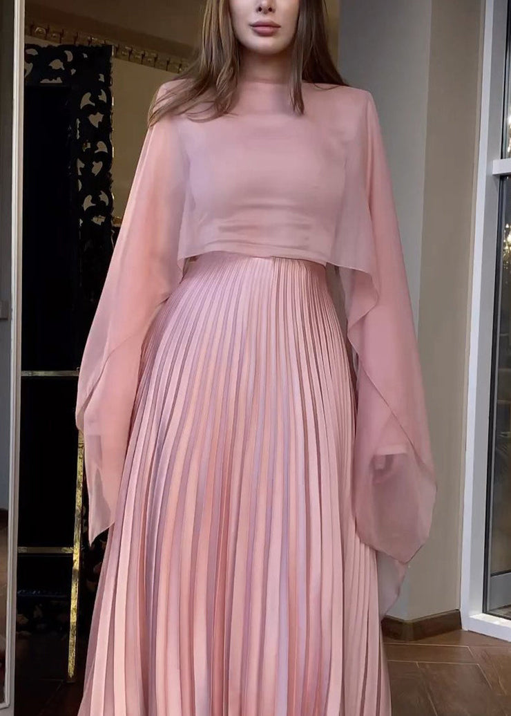 Autumn New Pink Pleated Long Sleeved Dress Shawl Set