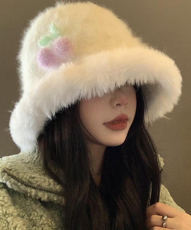 Autumn Winter Japanese Style Warm White Fuzzy Fur Fluffy Bucket Hat