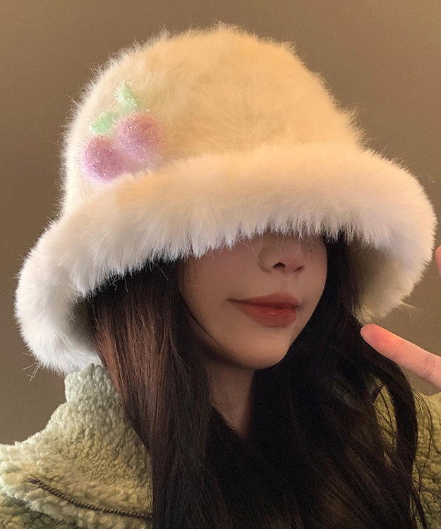 Autumn Winter Japanese Style Warm White Fuzzy Fur Fluffy Bucket Hat