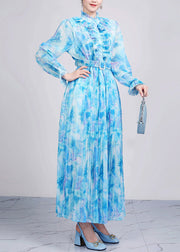 Baby Blue Ruffled Patchwork Chiffon Maxi Dresses Fall