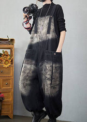 Baggy Black Pockets Patchwork Letter Print Denim Jumpsuits Spring