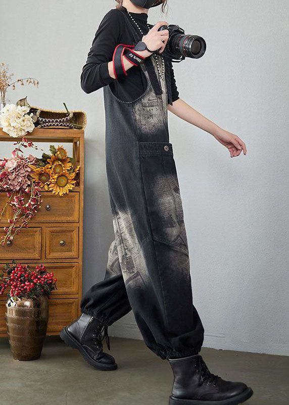 Baggy Black Pockets Patchwork Letter Print Denim Jumpsuits Spring