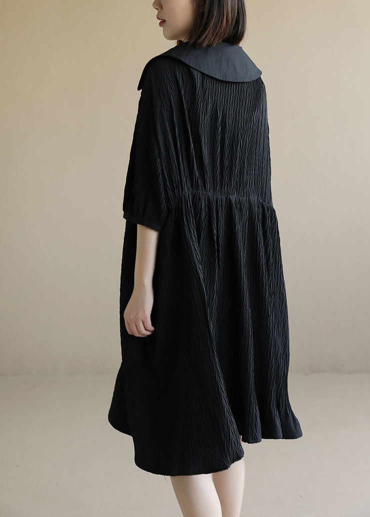 Baggy Chic Black Peter Pan Collar Wrinkled Lace Up Maxi Dresses Short Sleeve