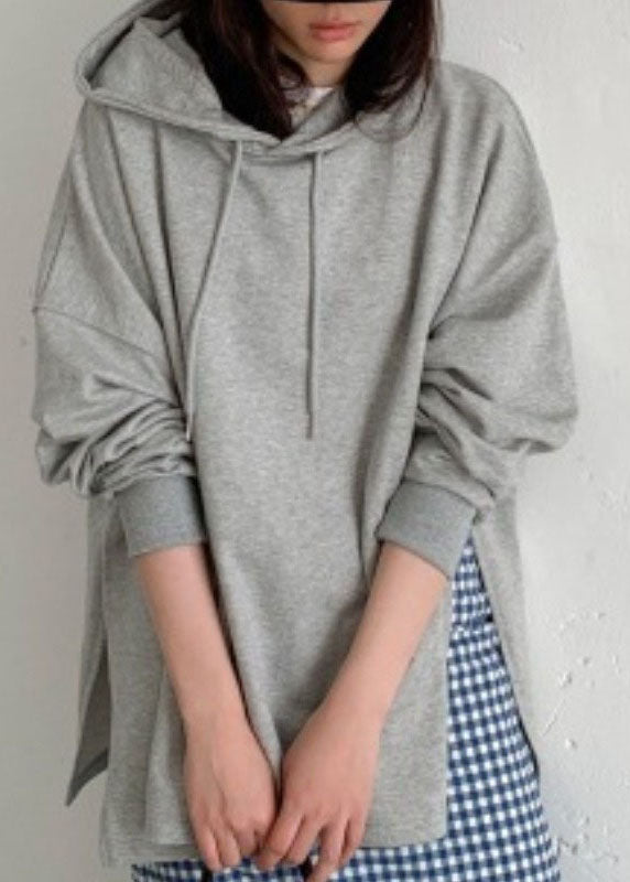 Baggy Grey Hooded Side Open Cotton Sweatshirts Top Spring