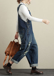 Baggy Navy Pockets Patchwork Denim Jumpsuits Spring