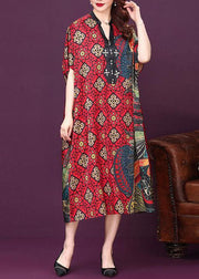 Baggy Red V Neck Print Silk Dresses Summer