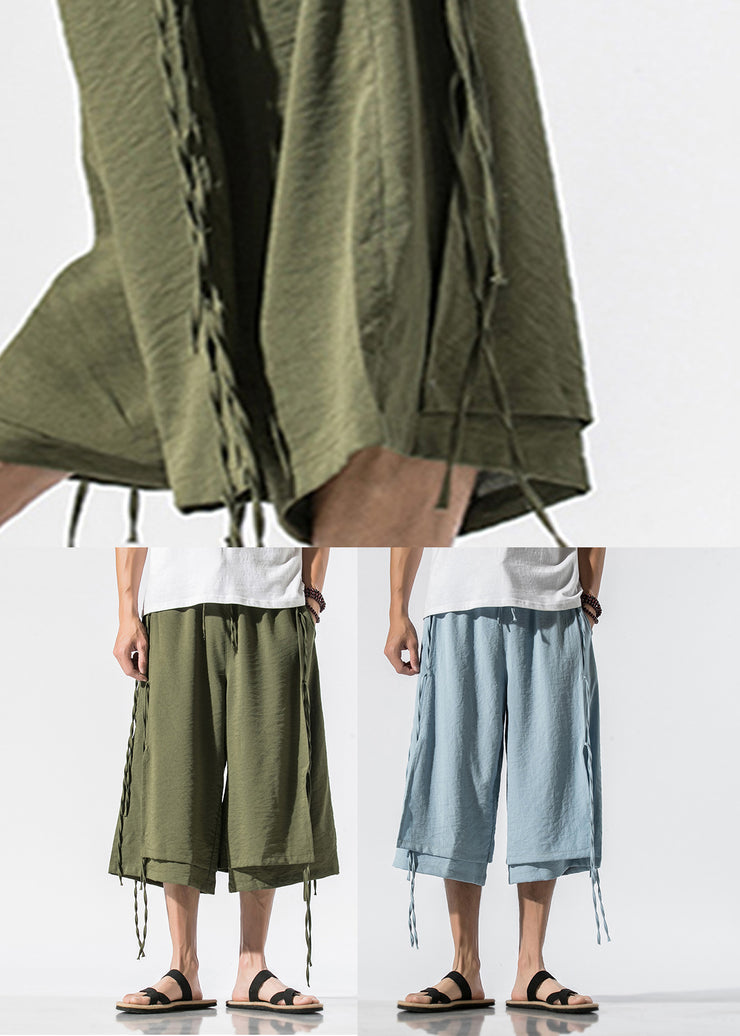 Beach Army Green Pockets Tie Waist Mens Wide Leg Pants