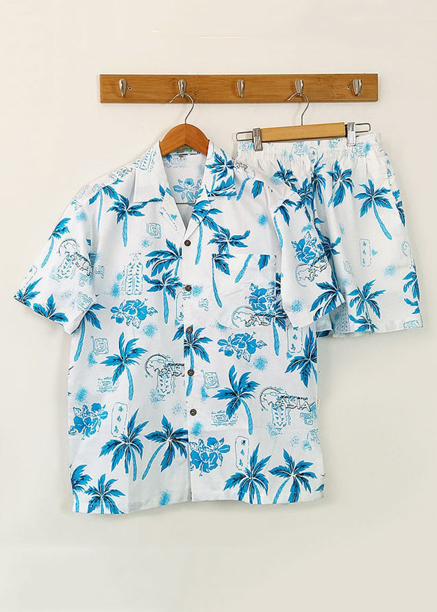 Beach Blue Button Print Shirt And Shorts Cotton Mens Two Piece Set Short Sleeve