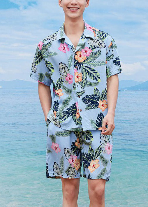 Beach Blue Peter Pan Collar Print Cotton Mens Two Piece Set Summer