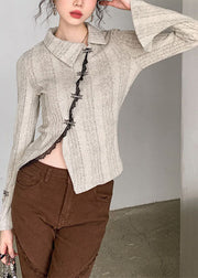 Beautiful Apricot Asymmetrical Patchwork Knit Sweater Tops Long Sleeve