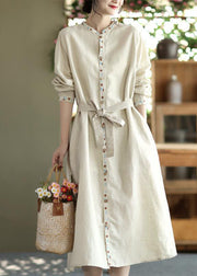 Beautiful Apricot Embroidered Button Tie Waist Cotton Dress Fall