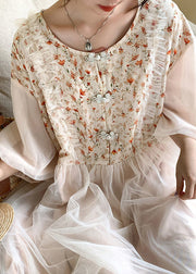 Beautiful Apricot O-Neck Embroideried Tulle Patchwork Maxi Dresses Half Sleeve