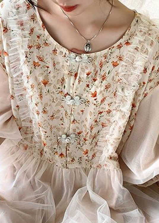 Beautiful Apricot O-Neck Embroideried Tulle Patchwork Maxi Dresses Half Sleeve