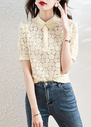 Beautiful Apricot Peter Pan Collar Lace T Shirt Summer