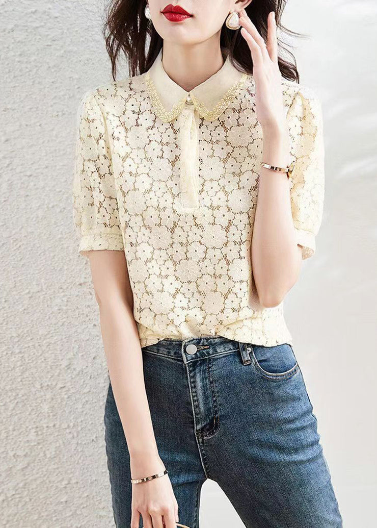 Beautiful Apricot Peter Pan Collar Lace T Shirt Summer