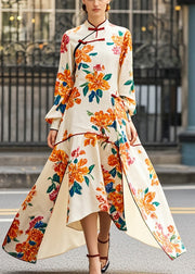 Beautiful Apricot Print Asymmetrical Side Open Chinese Style Dress Fall