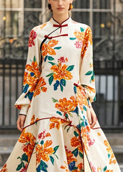 Beautiful Apricot Print Asymmetrical Side Open Chinese Style Dress Fall