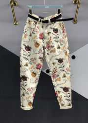 Beautiful Apricot Print High Waist Sashes Pockets Beam Jeans