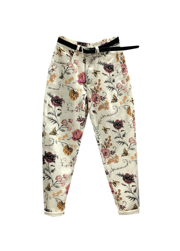 Beautiful Apricot Print High Waist Sashes Pockets Beam Jeans