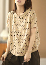 Beautiful Apricot Turn-down Collar Patchwork Dot Print Cotton Shirts Short Sleeve