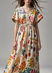 Beautiful Apricot V Neck Print Cotton Maxi Dresses Summer