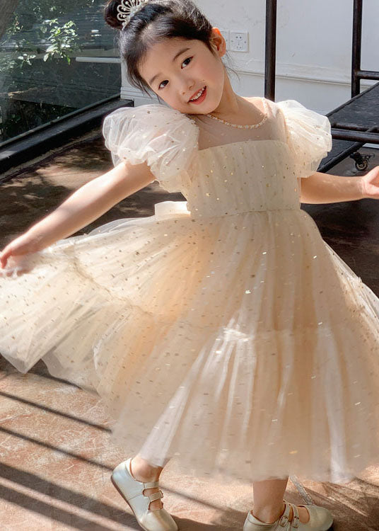 Beautiful Apricot Wrinkled Sequins Patchwork Tulle Kids Girls Dresses Summer