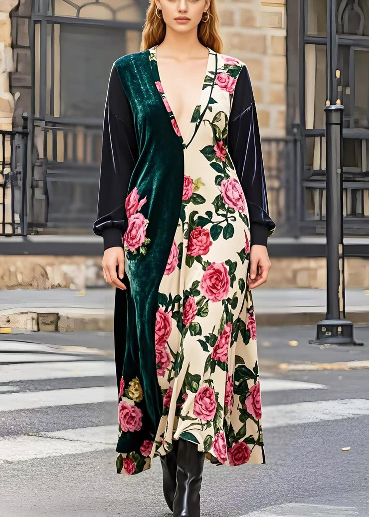 Beautiful Asymmetrical Patchwork Floral Silk Velvet Maxi Dresses Spring