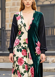 Beautiful Asymmetrical Patchwork Floral Silk Velvet Maxi Dresses Spring