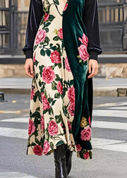 Beautiful Asymmetrical Patchwork Floral Silk Velvet Maxi Dresses Spring