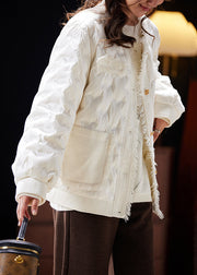 Beautiful Beige Button Pockets Patchwork Duck Down Coat Long Sleeve