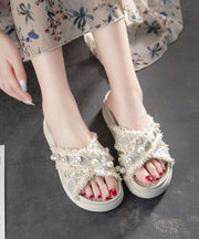 Beautiful Beige Canvas Nail Bead Splicing Platform Slide Sandals