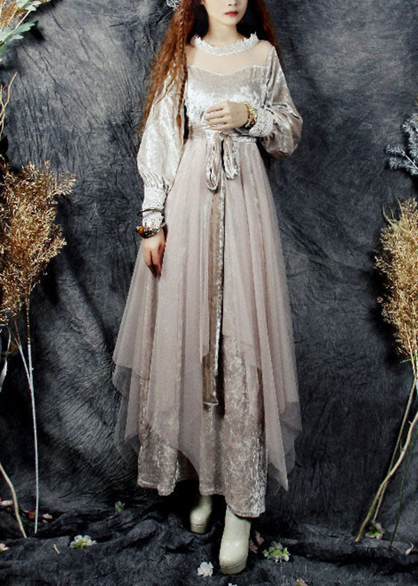 Beautiful Beige Hollow Out Tulle Patchwork Silk Velour Long Dresses Spring