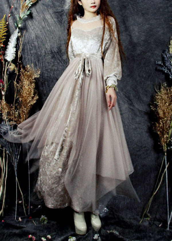 Beautiful Beige Hollow Out Tulle Patchwork Silk Velour Long Dresses Spring