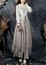 Beautiful Beige Hollow Out Tulle Patchwork Silk Velour Long Dresses Spring