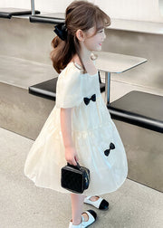 Beautiful Beige O Neck Bow Patchwork Tulle Kids Girls Dress Summer