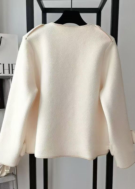 Beautiful Beige O Neck Pockets Woolen Short Coat Fall