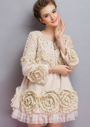 Beautiful Beige O-Neck Tulle Patchwork Applique Mink Velvet Coats Spring