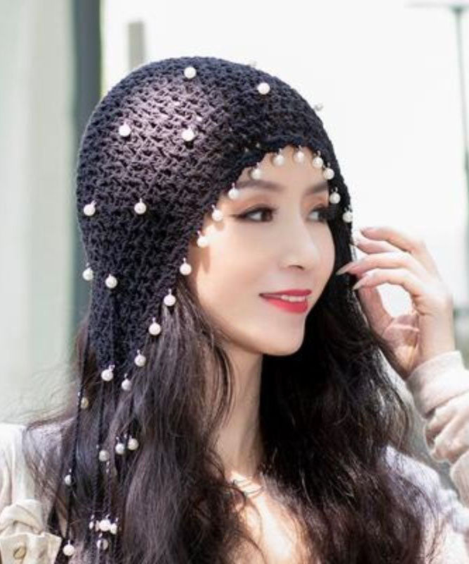 Beautiful Beige Pearl Tassel Hollow Out Knit Bonnie Hat