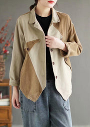 Beautiful Beige Peter Pan Collar Patchwork Corduroy Coats Long Sleeve