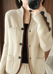 Beautiful Beige Stand Collar Pockets Thick Knit Loose Cardigan Winter