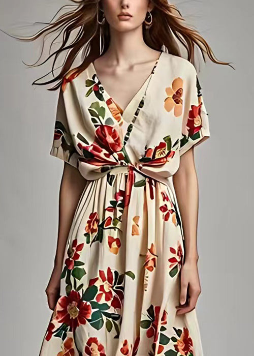 Beautiful Beige V Neck Print Cotton Long Dress Summer