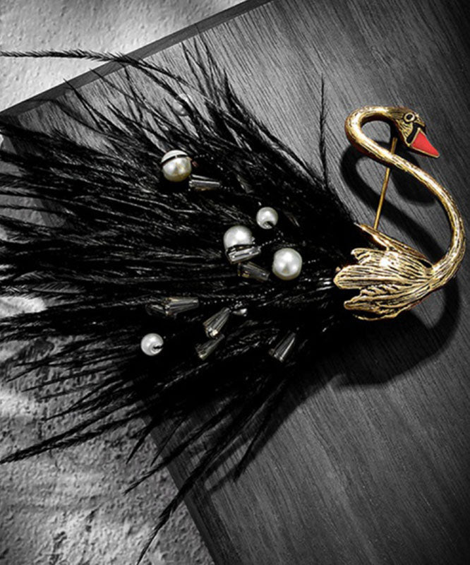 Beautiful Black Alloy Pearl Swan Feather Brooches