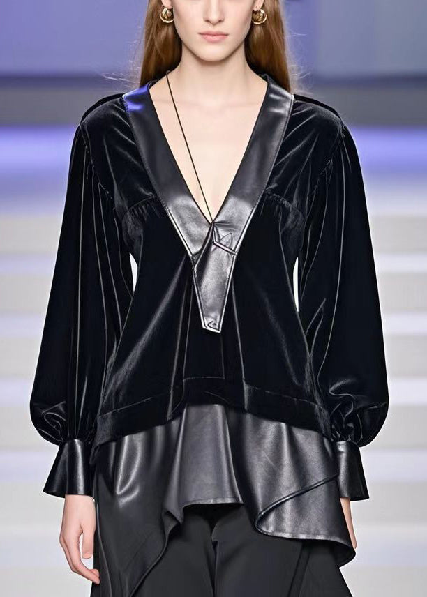 Beautiful Black Asymmetrical Faux Leather Patchwork Silk Velour Shirt Top Fall