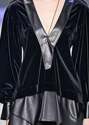 Beautiful Black Asymmetrical Faux Leather Patchwork Silk Velour Shirt Top Fall