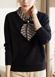 Beautiful Black Bow Collar Print Knit Blouses Long Sleeve