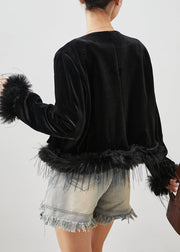 Beautiful Black Chinese Button Patchwork Feather Silk Velour Jackets Spring